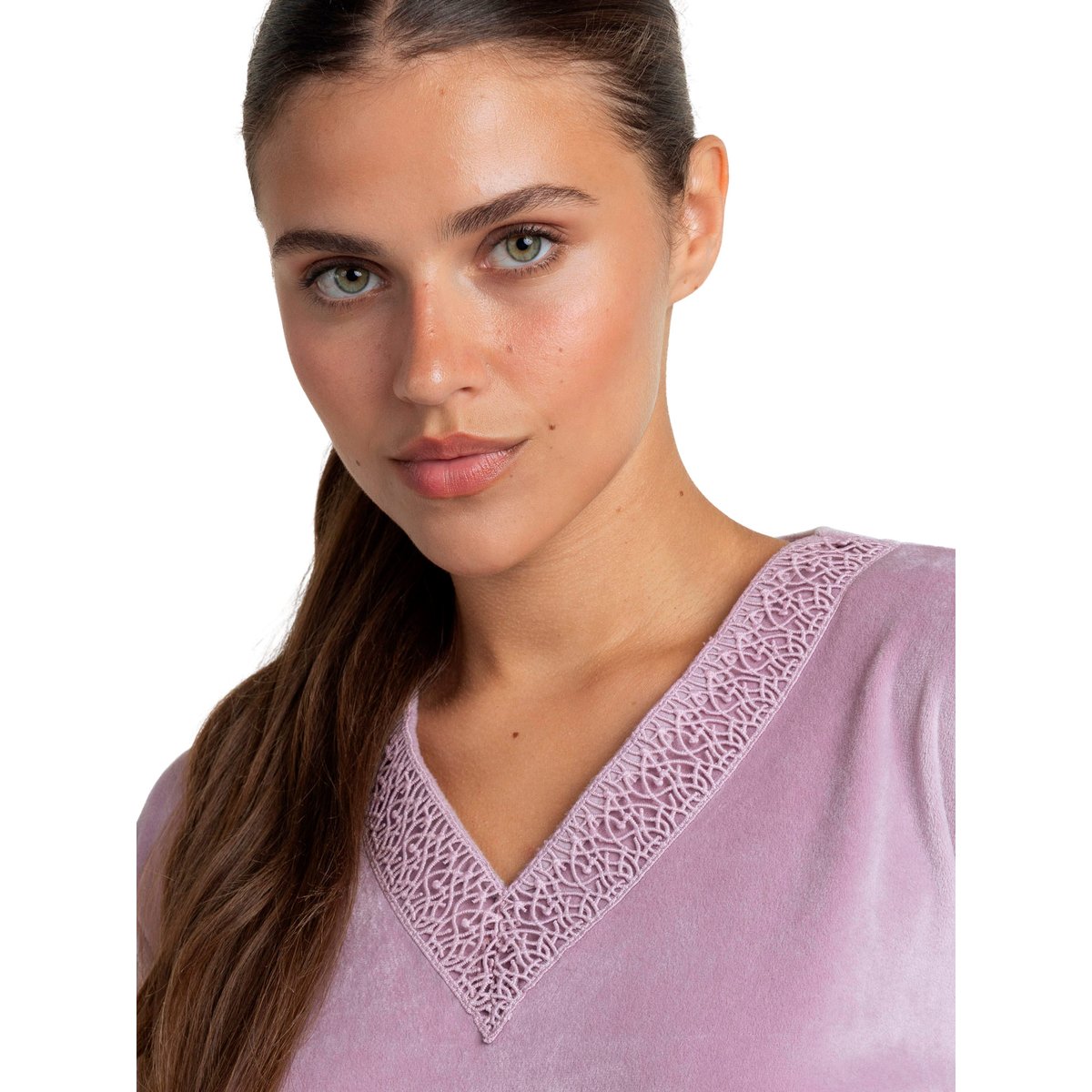 Pyjama velours pantalon top manches longues Luxury Guipure rose, ADMAS