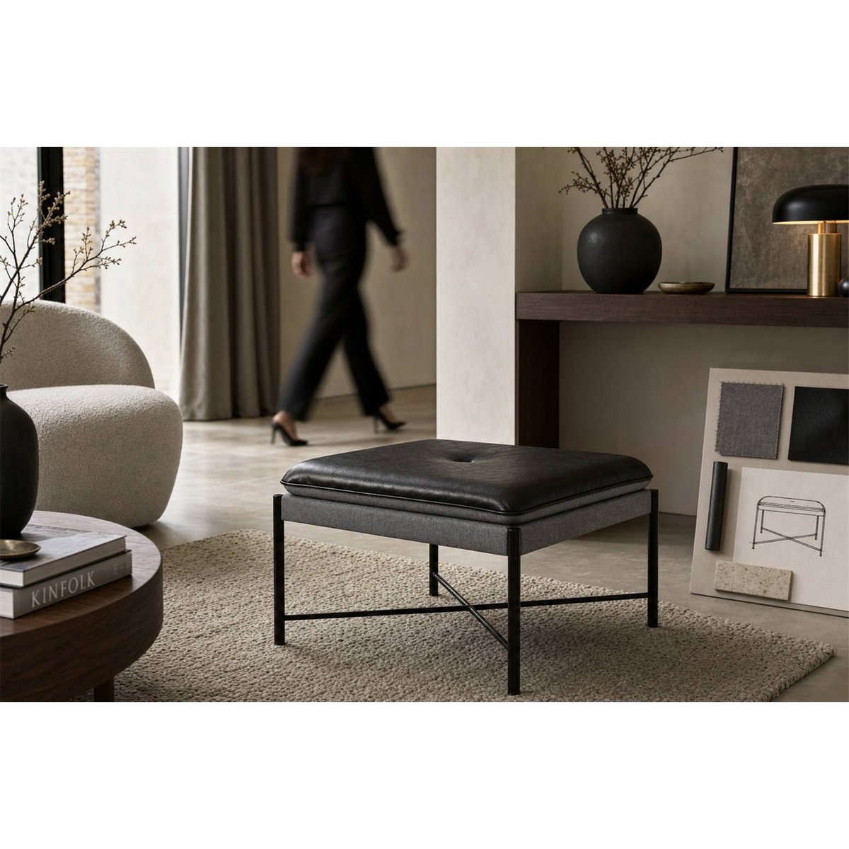 Pouf carré en fer, Style industriel noir et gris, RECOLLECTION