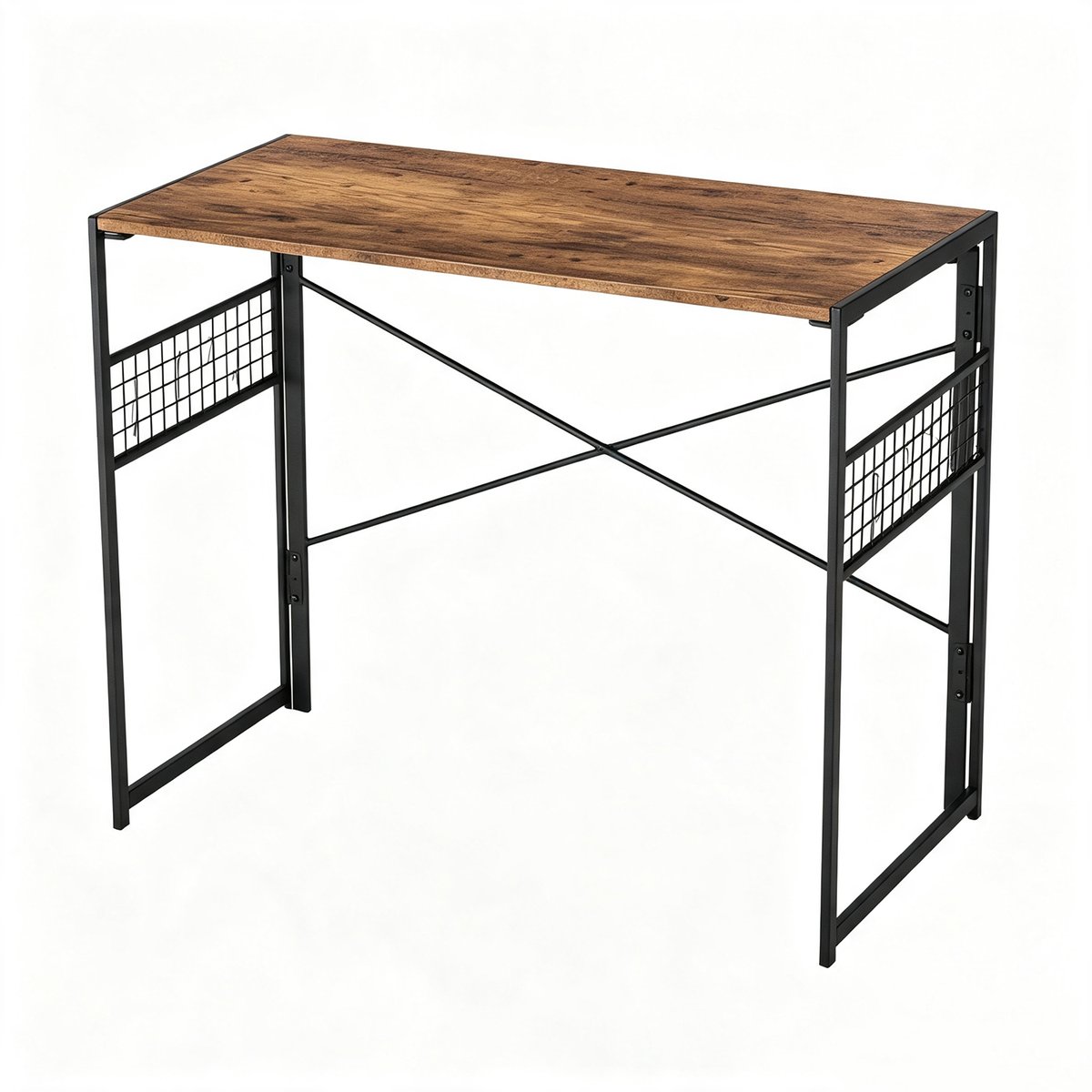 Bureau à piètement pliable industriel, HARPERPLUS imitation bois foncé, MEUBLES COSY