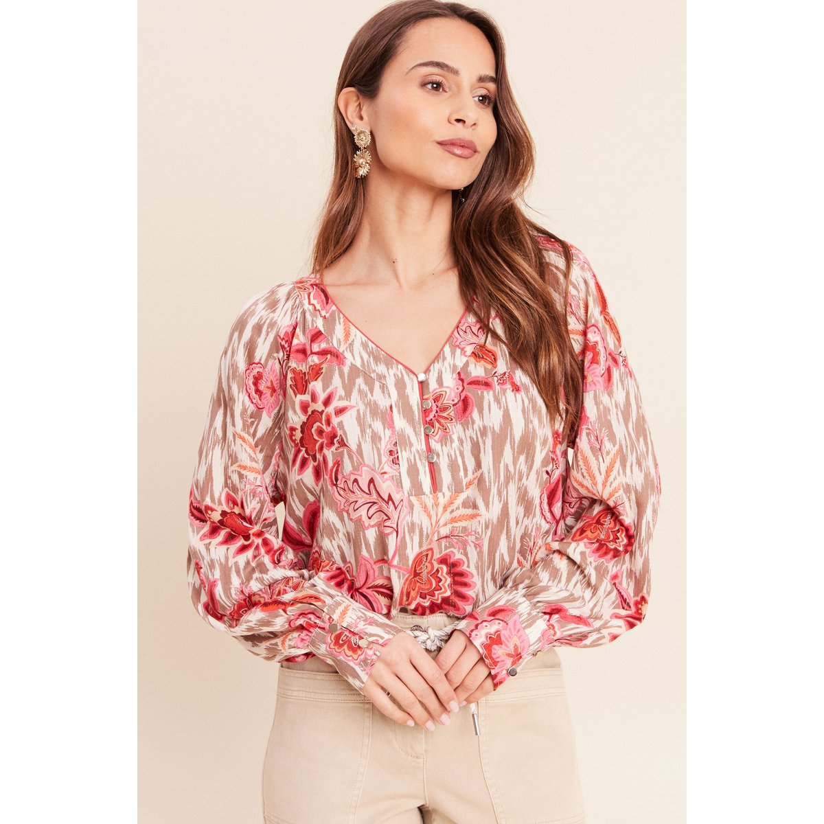 Blouse col v manches longues rose, BREAL