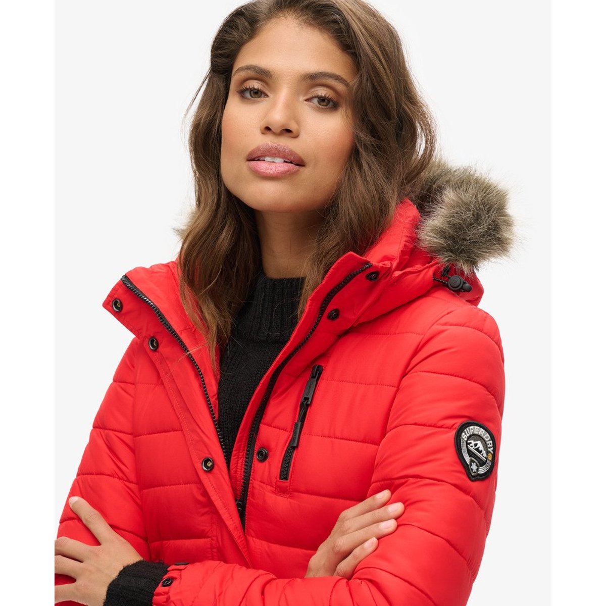 Doudoune mi longue à capuche fourrure d'imitation rouge très vif, SUPERDRY