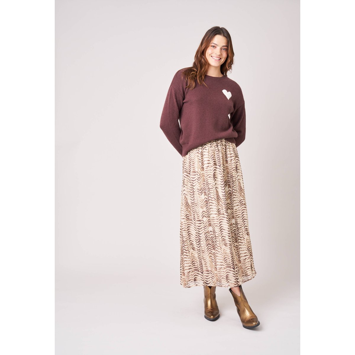 Pull femme maille douce motif cœur ADONIS light brown, DEELUXE