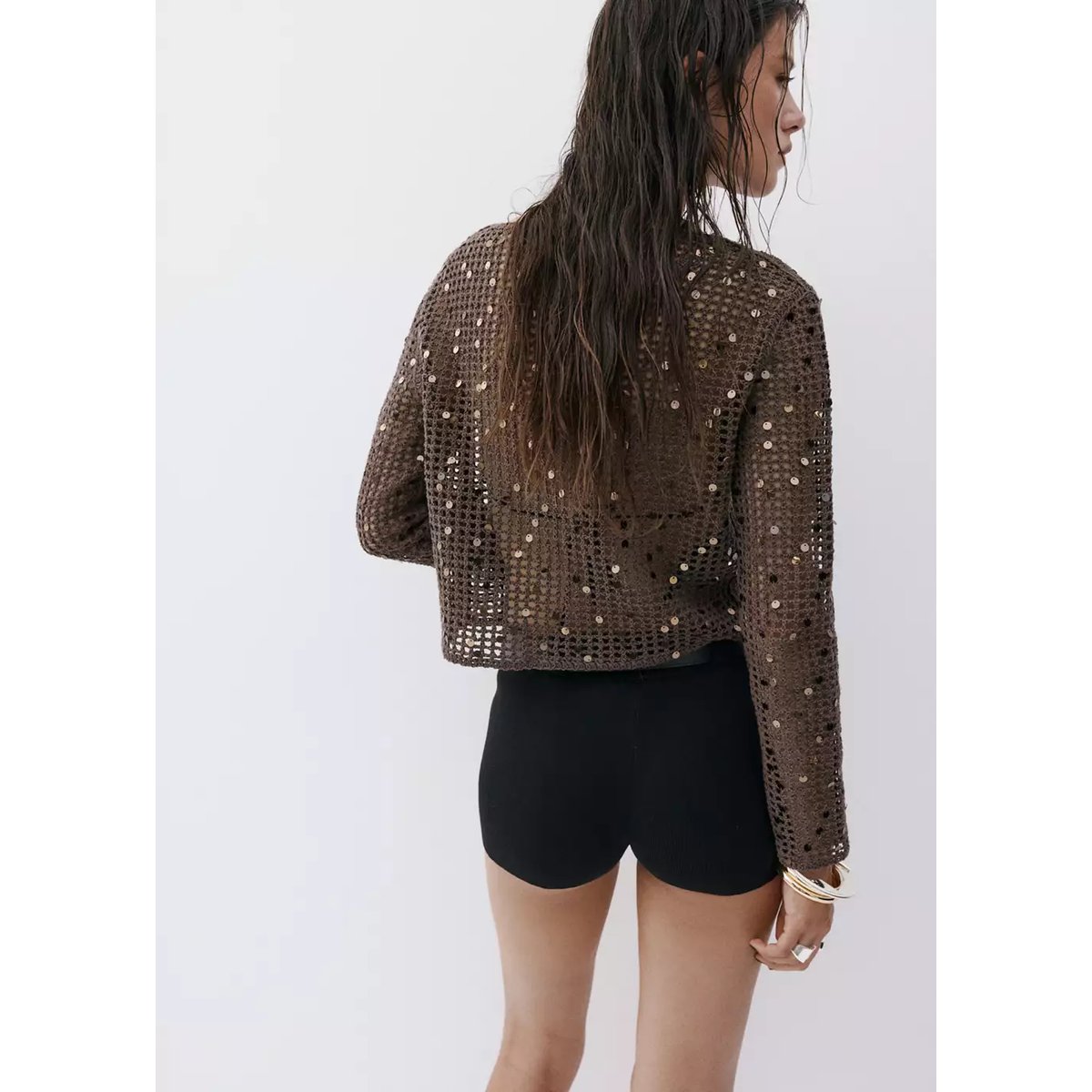Pull en crochet à sequins chocolat, MANGO