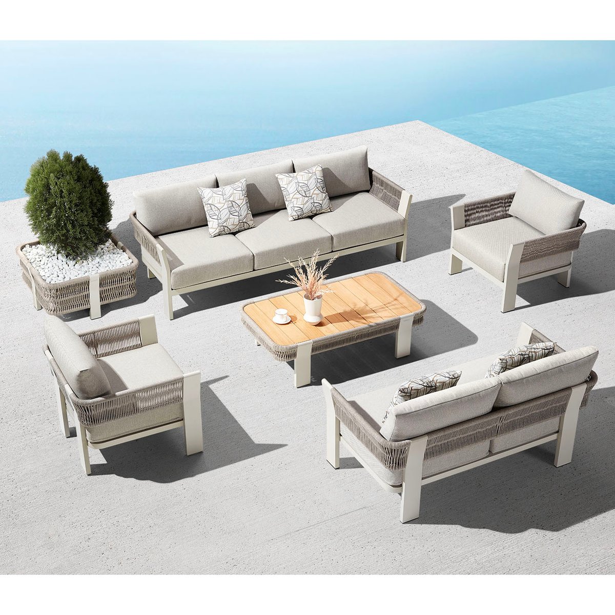 Salon de jardin 7 places en aluminium et corde tressée, OLBY beige laqué poudré, AU JARDIN DE CHLOÉ