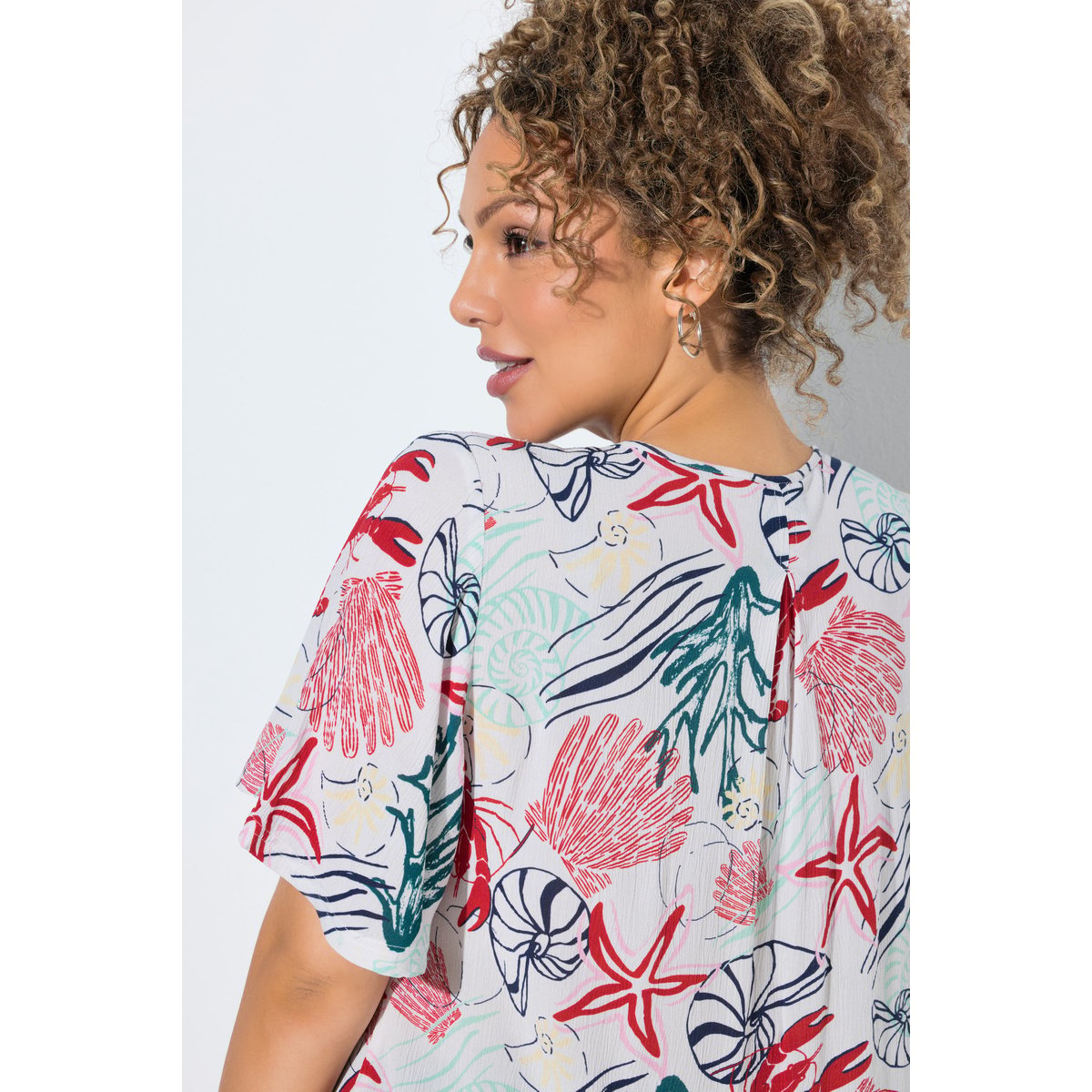 Chemise smockée, imprimé marin, col tunisien blanc neige, ULLA POPKEN