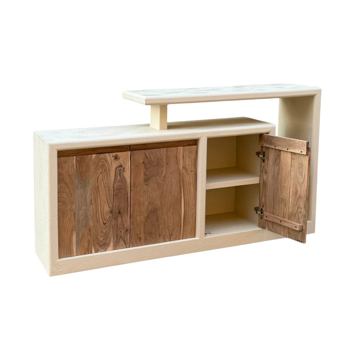 Buffet 3 portes en bois effet béton et acacia DALVA blanc, MADE IN MEUBLES