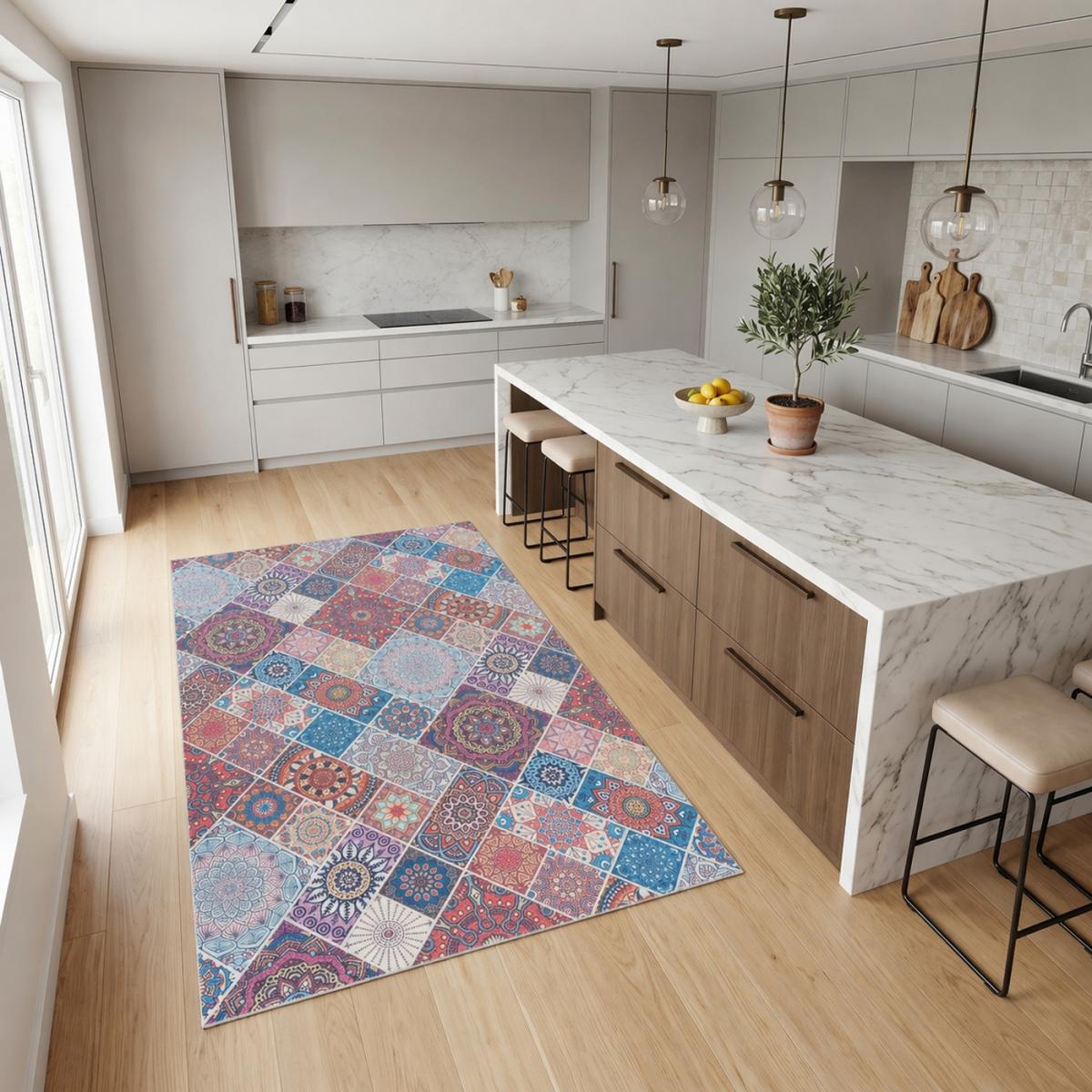 Tapis kilim à motif géométrique authentique, LYN11 BOHEME bleu, rouge, multicolore, UN AMOUR DE TAPIS