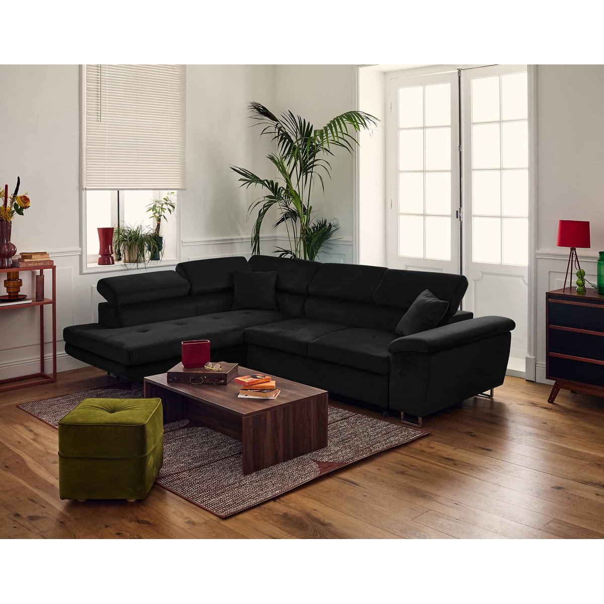 Canapé d'angle gauche convertible 5 places, DIMAS noir, BEST MOBILIER