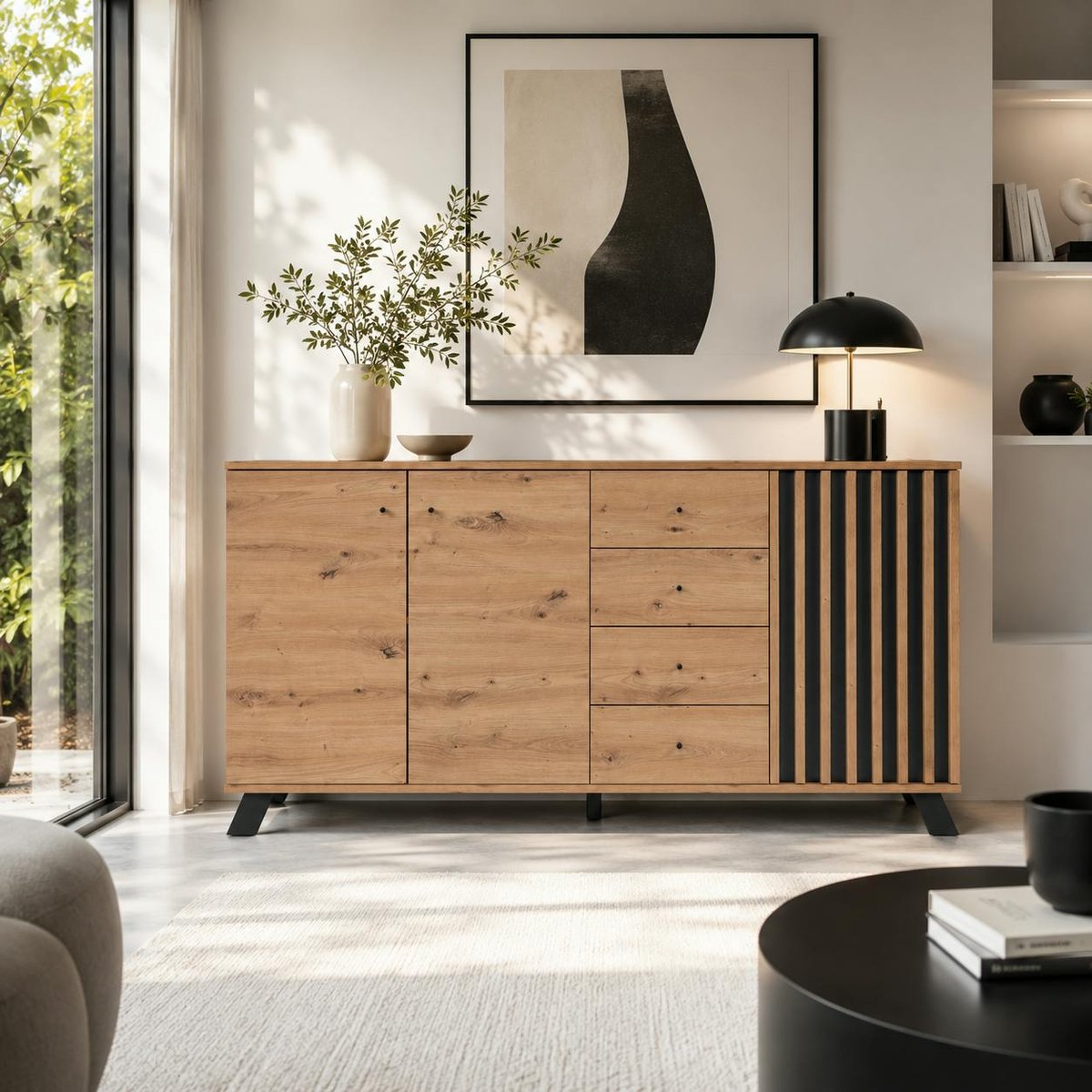 Buffet long moderne 1 porte noire rainurée 160 cm ALVA bois naturel, PIER IMPORT