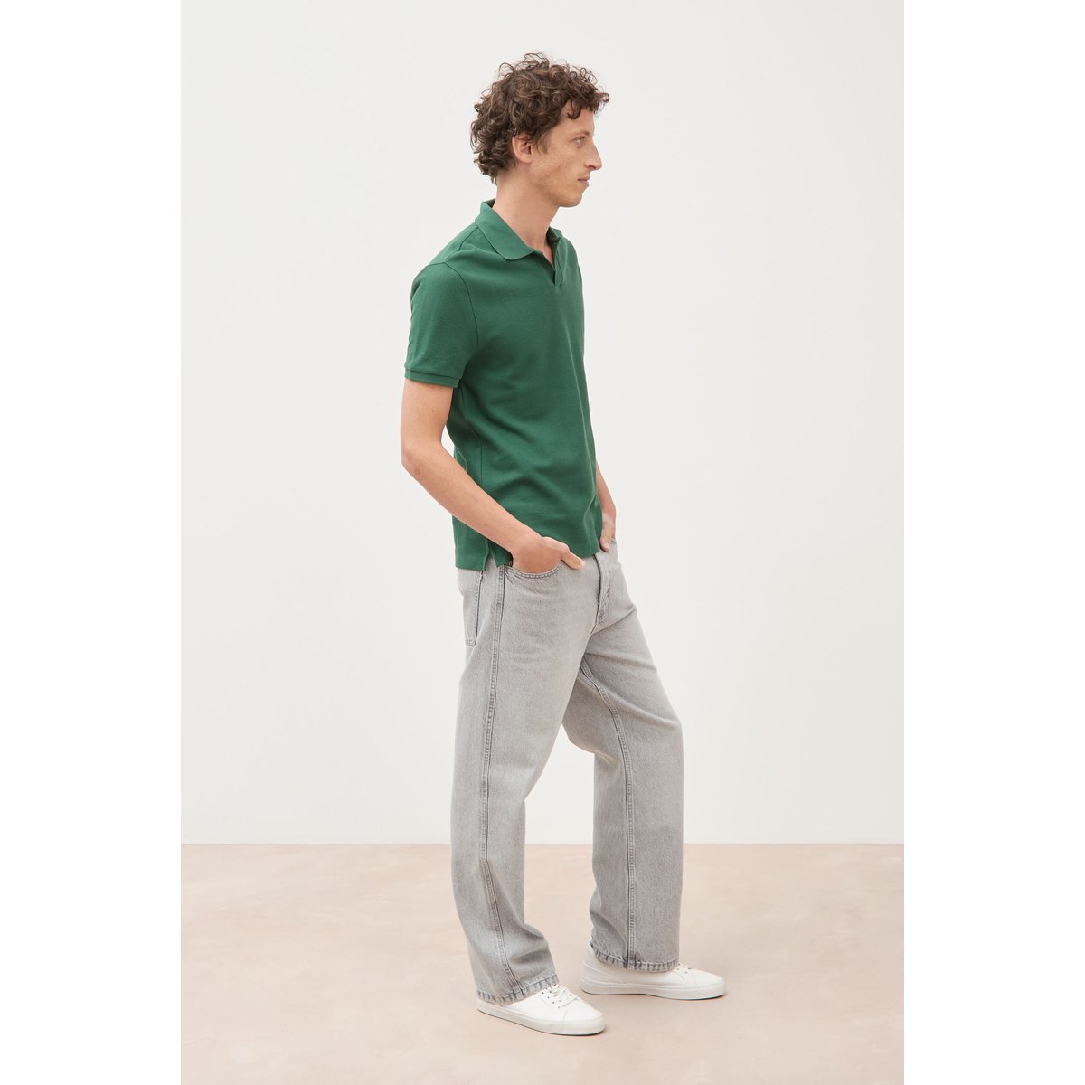 Polo cintré manches courtes en coton vert, BONOBO