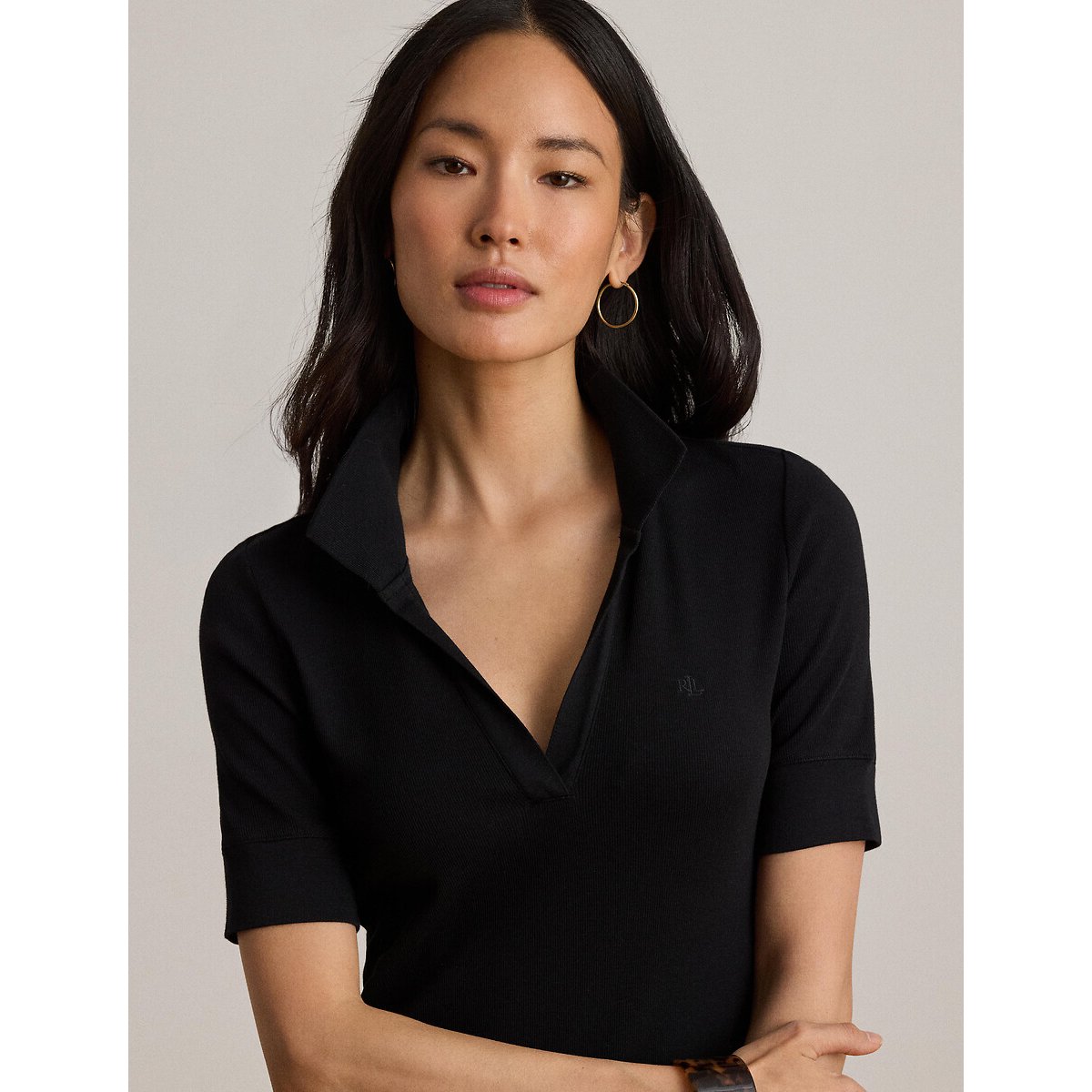 Abito longuette a maniche corte con collo a polo nero , LAUREN RALPH LAUREN