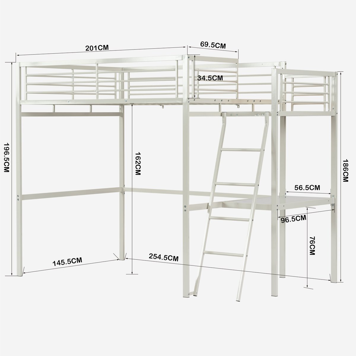 Lit mezzanine Lits superposes en métal sans matelas, LIONEL blanc, MEUBLES COSY