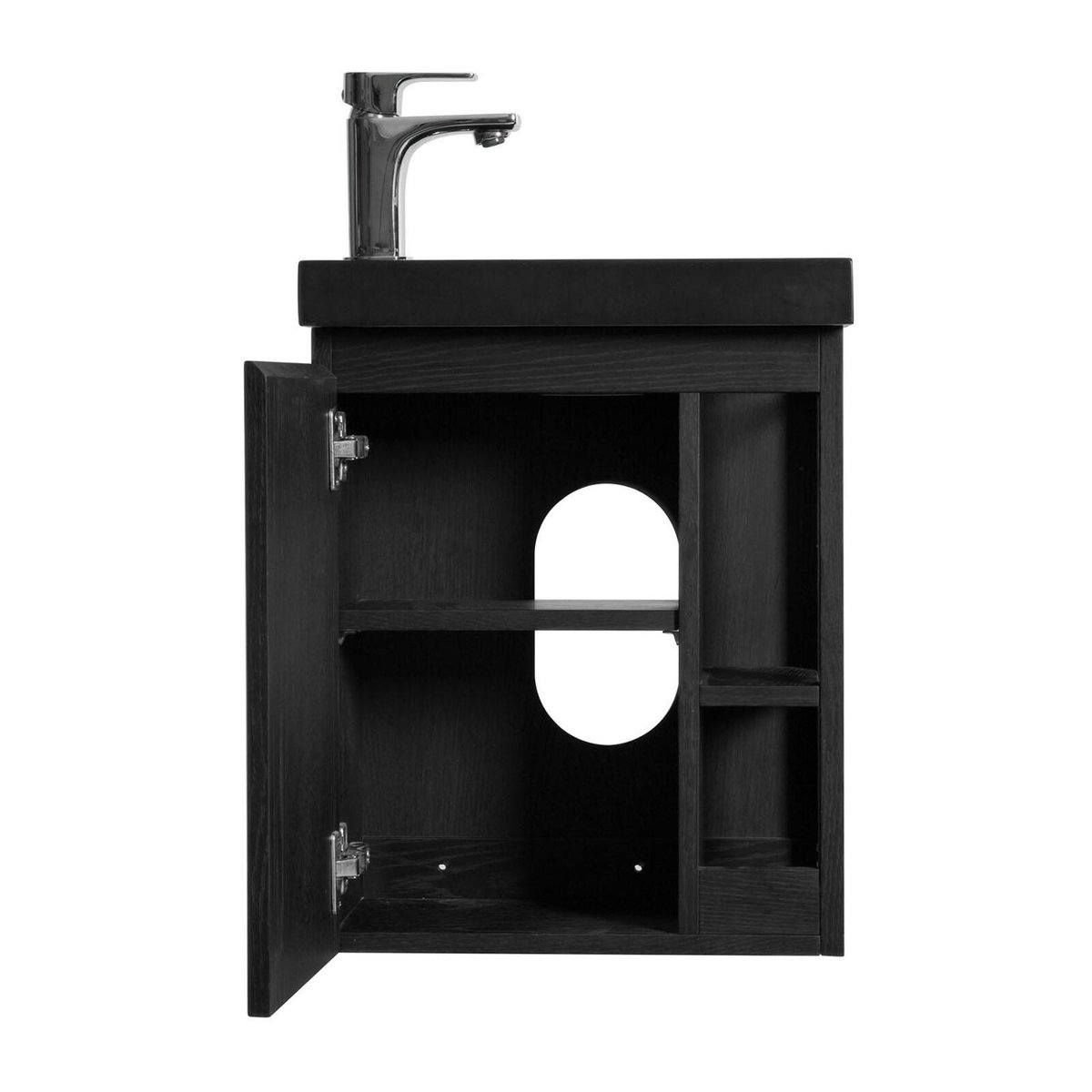 Ensemble lave-mains avec rangement latéral et robinet noir HAMPTON décor chêne carbone, MOB IN