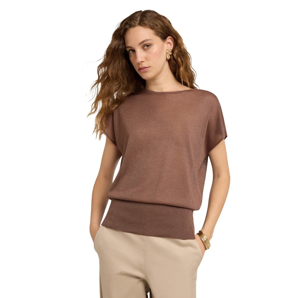 Pull en fil fin mélangé viscose et fil textile marron, MOTIVI