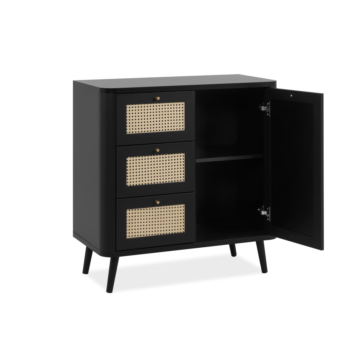 Commode 1 porte 3 tiroirs avec imprimé cannage et pieds en bois massif noir, TERRE DE NUIT