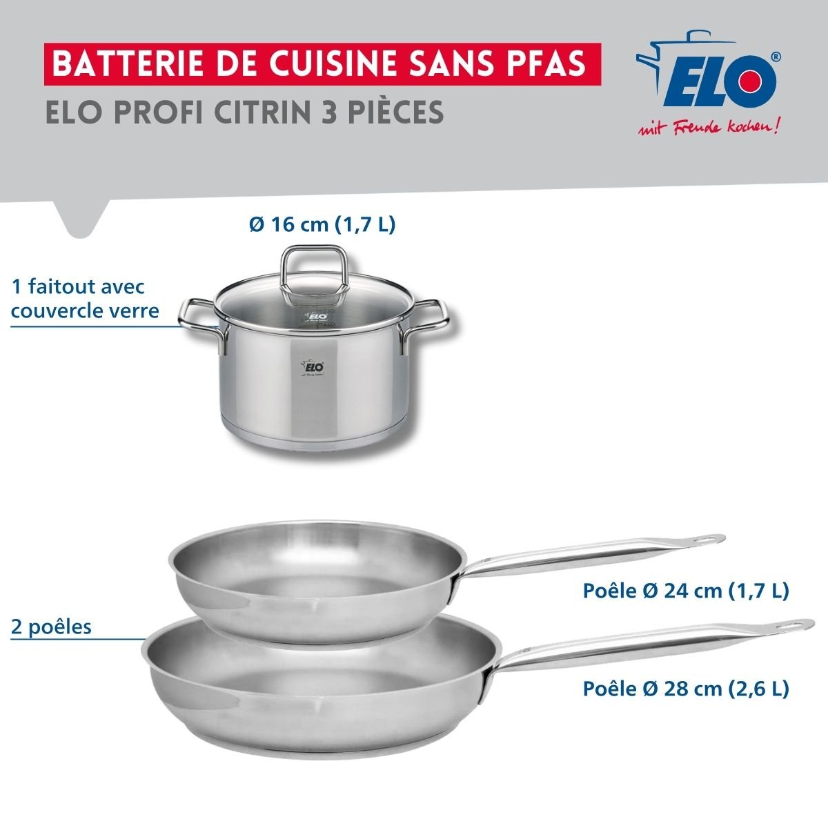 Batterie 2 poêles 24/28cm + 1 faitout 16cm PROFI CITRIN gris, ELO