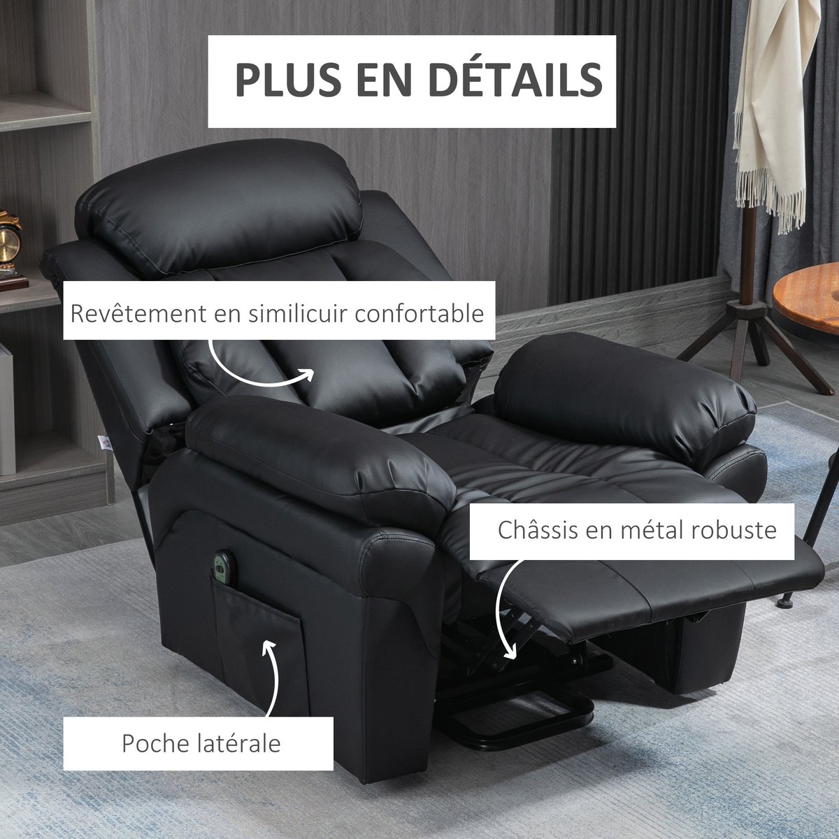 Fauteuil releveur inclinable avec repose-pied ajustable - revêtement synthétique noir, HOMCOM