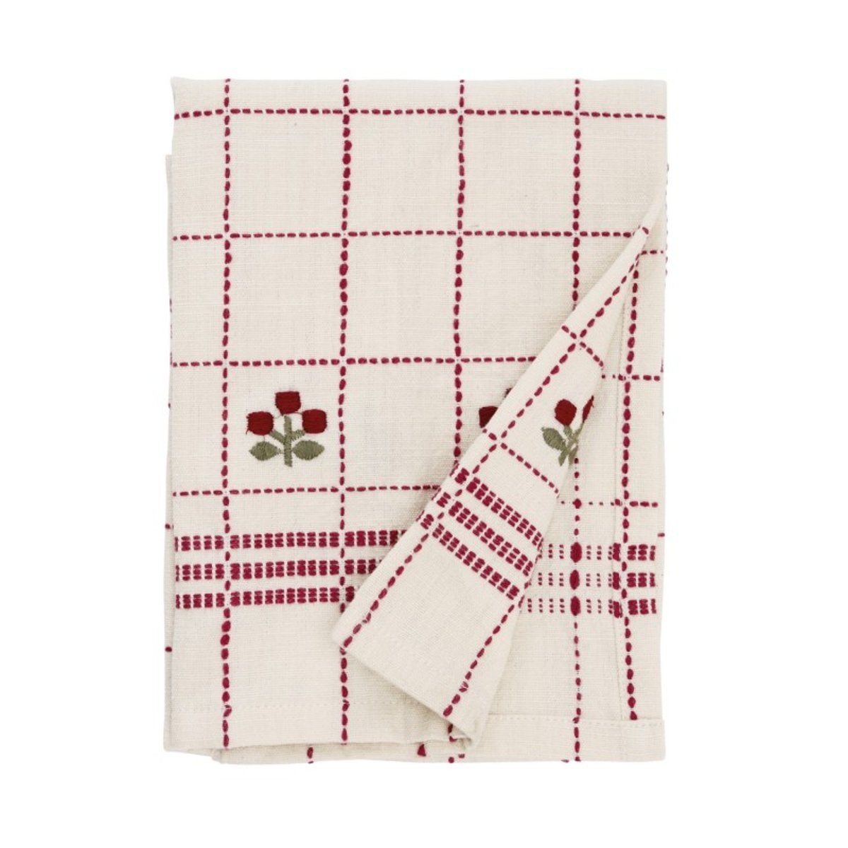 Torchon de cuisine coton brodé fleurs rouge, MADAM STOLTZ