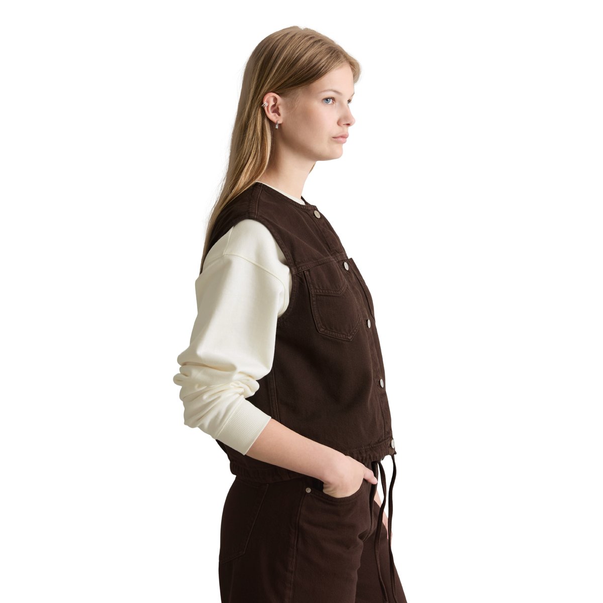 Gilet en jean boxy en mélange de coton organique et de lyocell marron foncé, MARC O’POLO DENIM