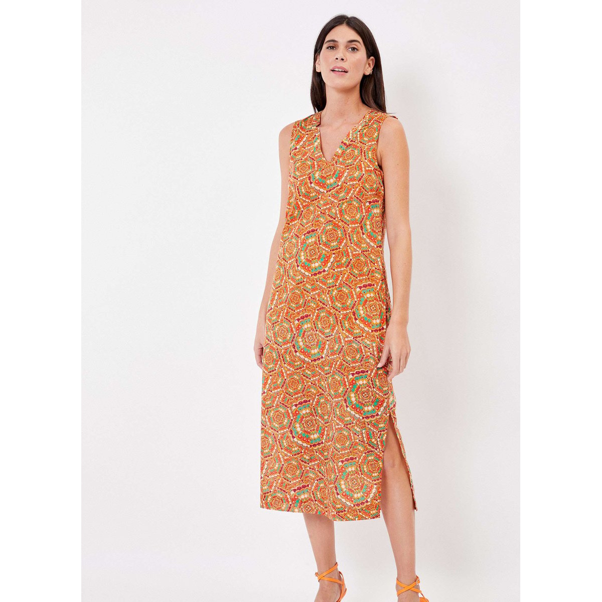 Robe midi imprimée voile de coton bio LALITA orange foncé lalita, LA FIANCÉE
