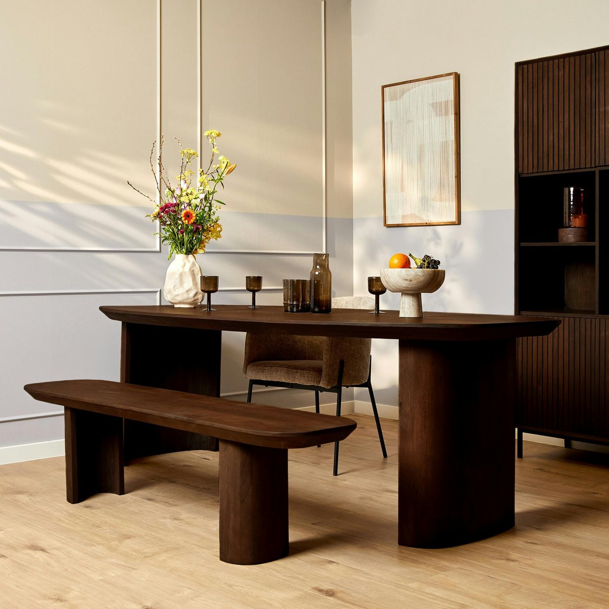 Banc de salle à manger bois foncé pieds courbes 280 cm ALMA marron, PIER IMPORT