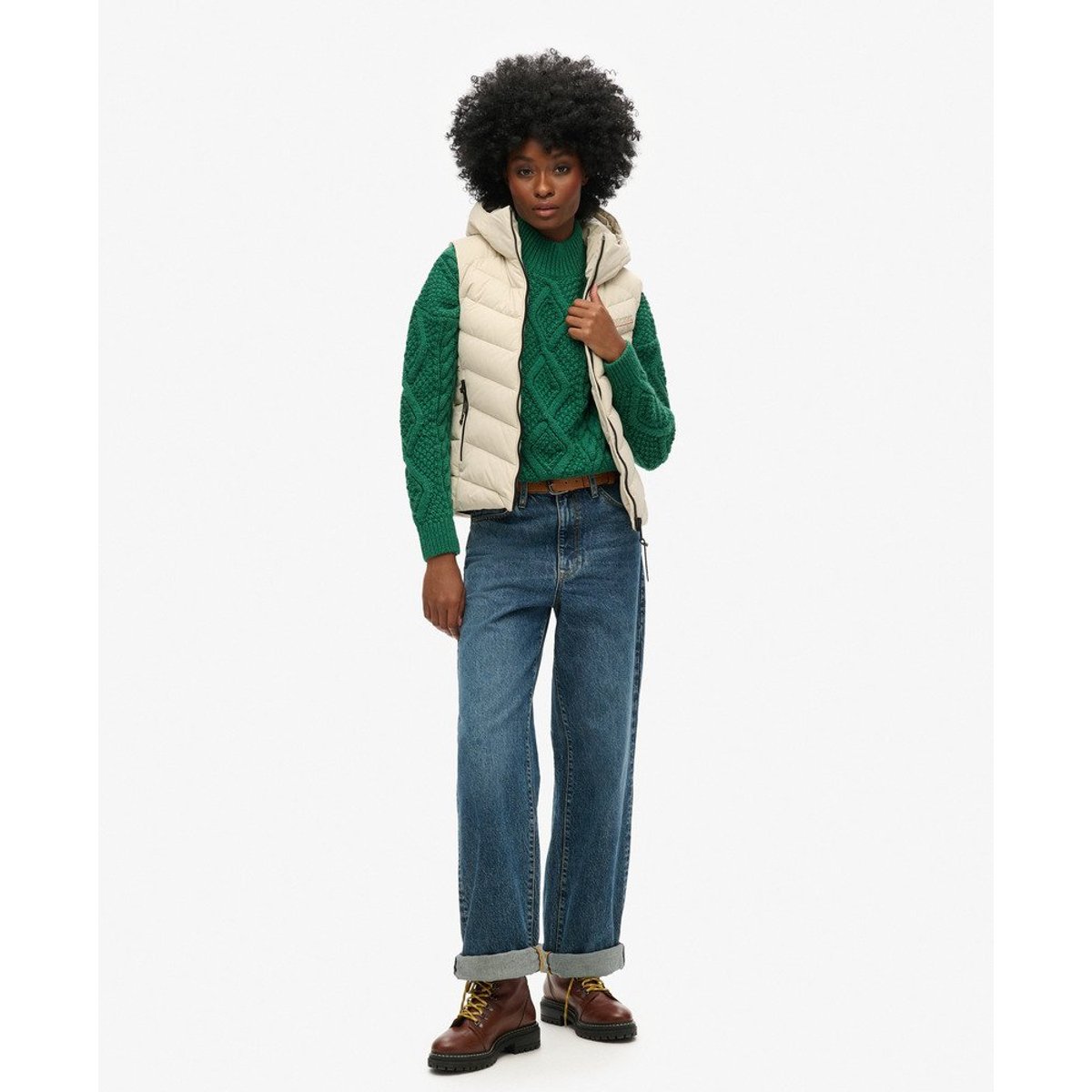Doudoune sans manches à capuche en microfibre beige pélican, SUPERDRY