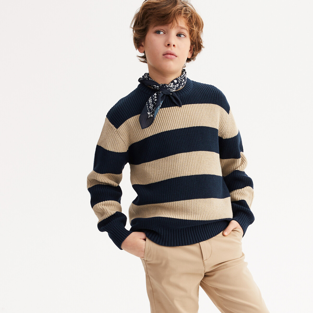 Striped Chunky Knit Jumper with Crew Neck navy/beige, LA REDOUTE COLLECTIONS