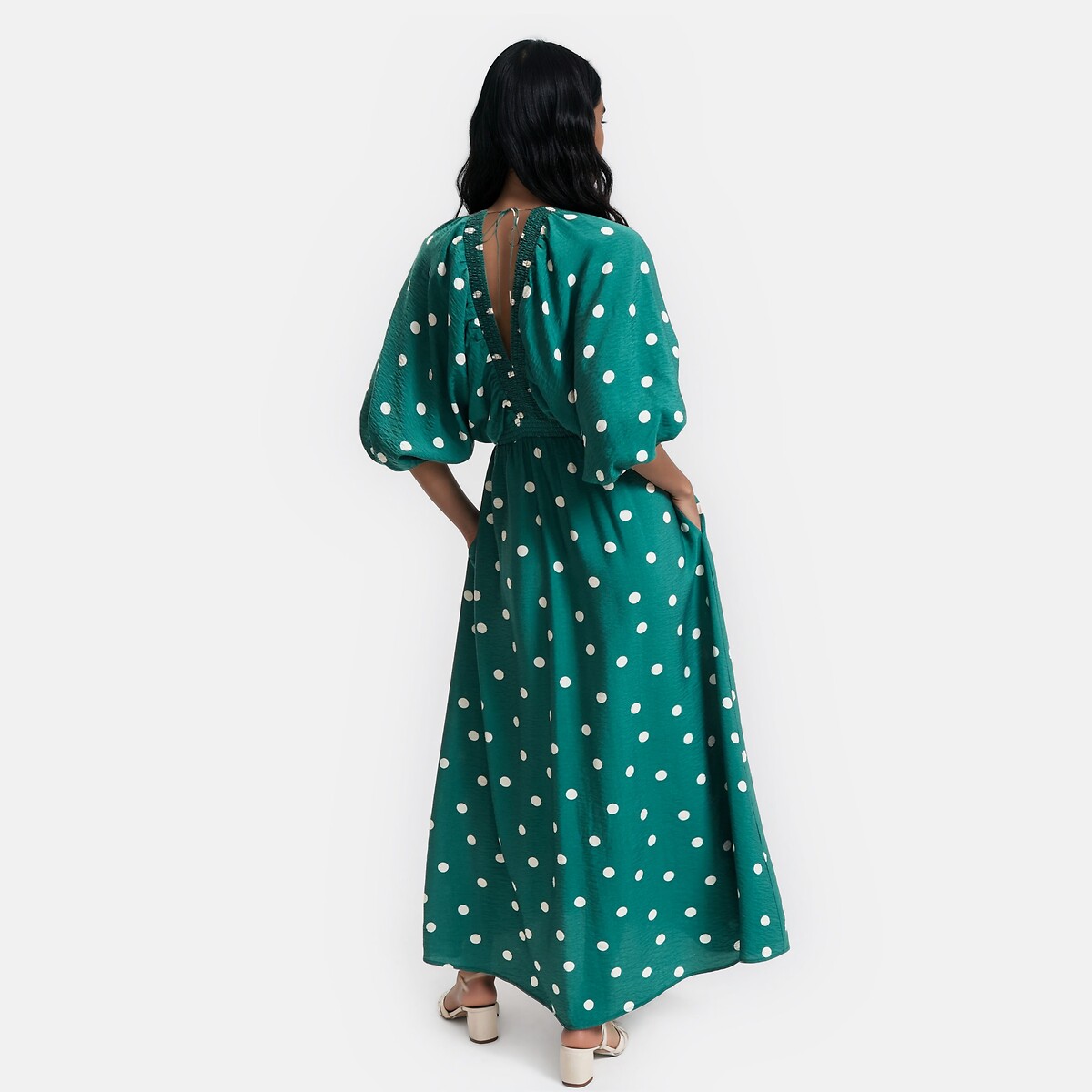 Abito con scollo a V e lunghezza 3/4 a pois fantasia pois fondo verde, LA REDOUTE COLLECTIONS