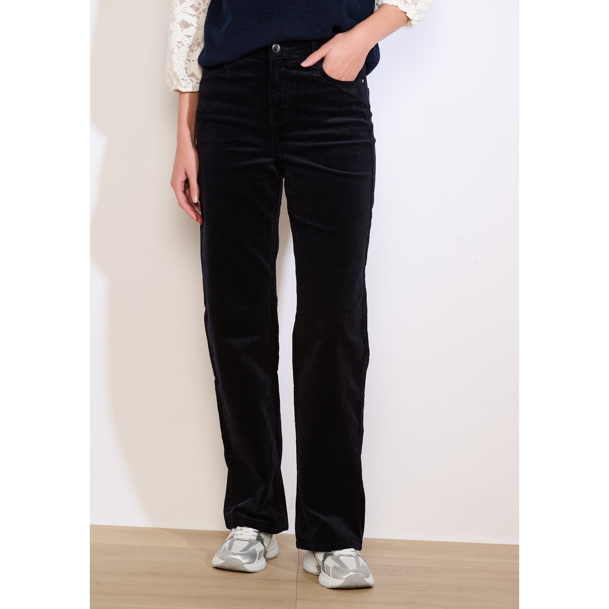 Pantalon droit en velours côtelé bleu marine, LOLALIZA