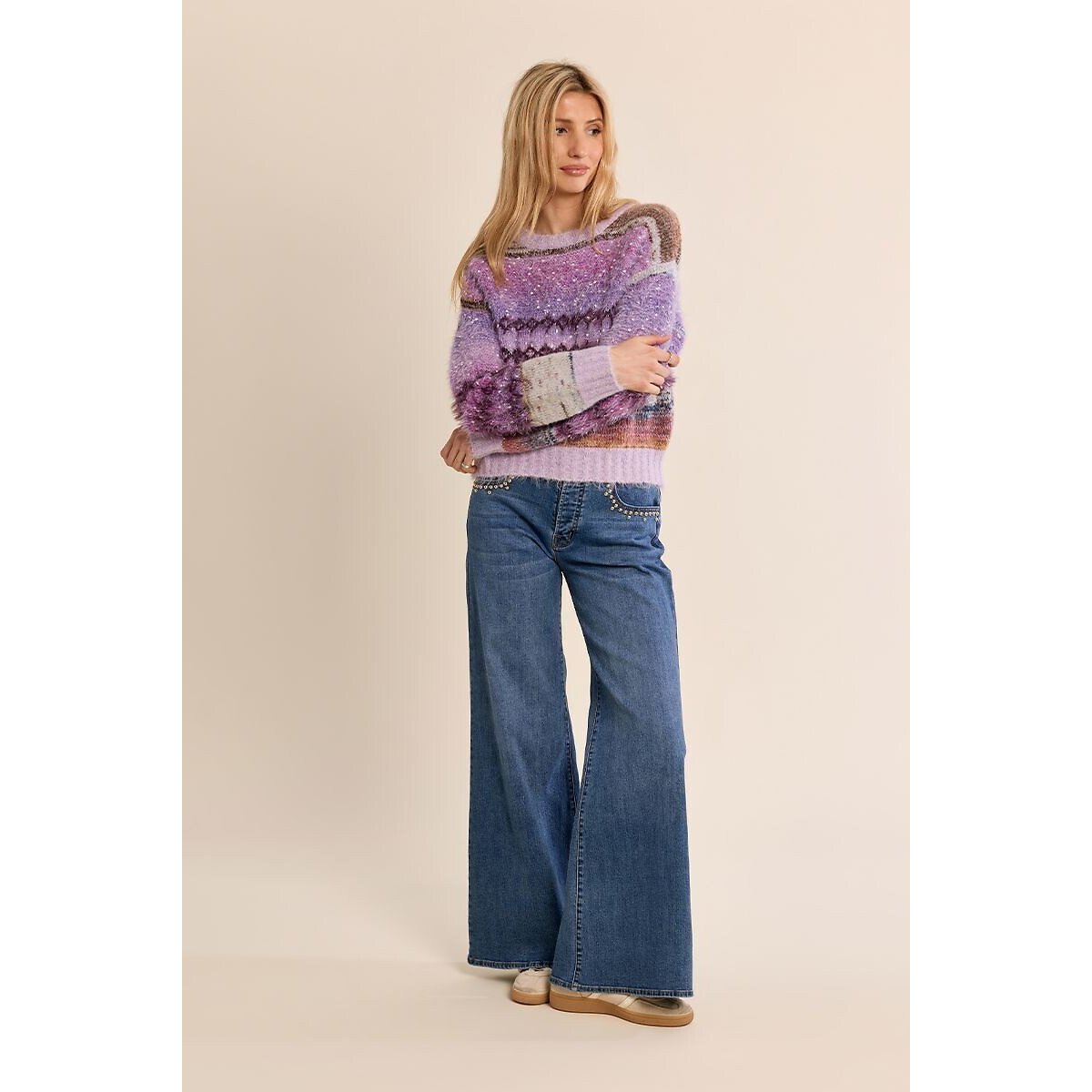 Pull girocollo con stampa tie-dye e dettagli in paillettes malva, MOLLY BRACKEN