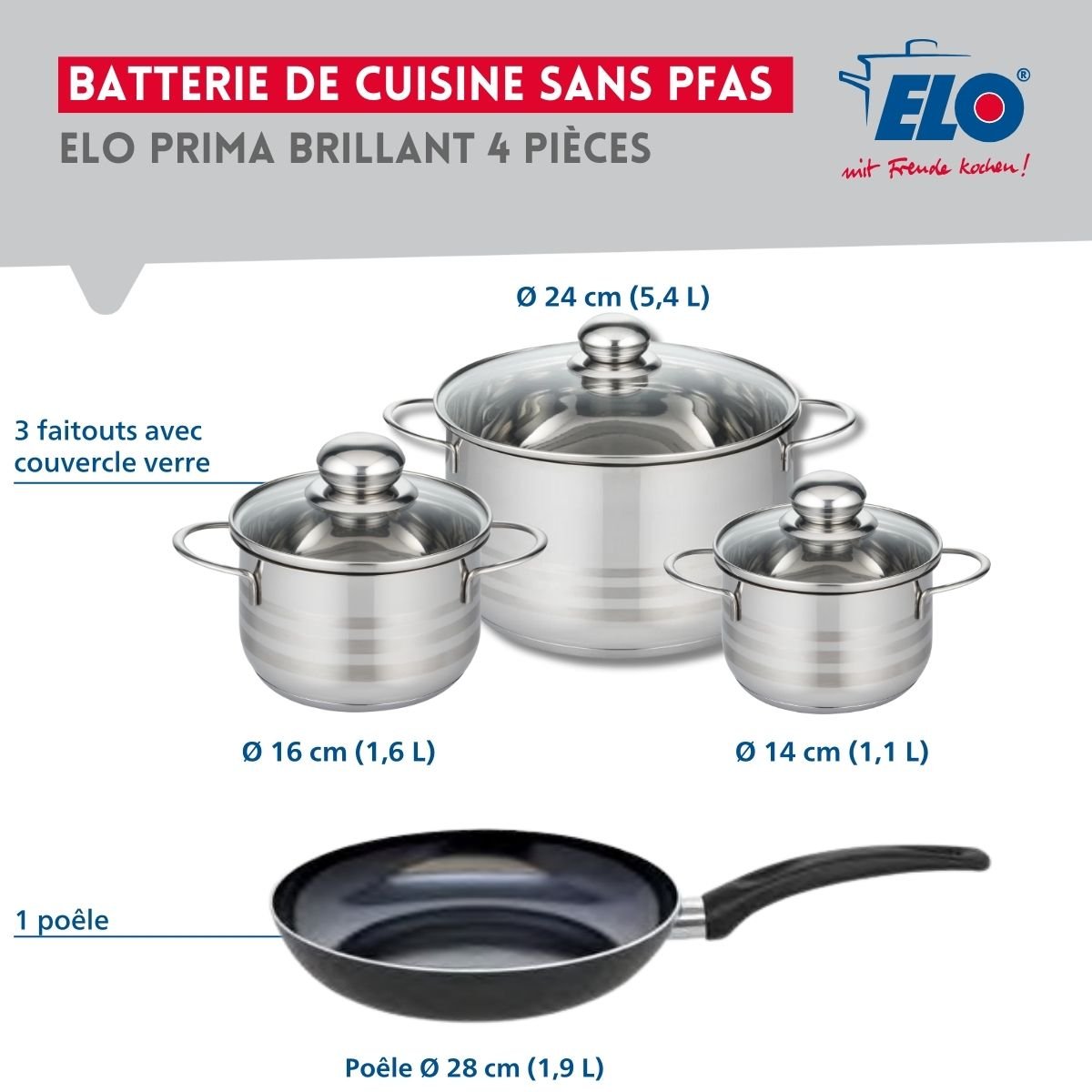 Batterie 1 poêle 28cm + 3 faitouts 14/16/24cm PRIMA BRILLANT noir, ELO