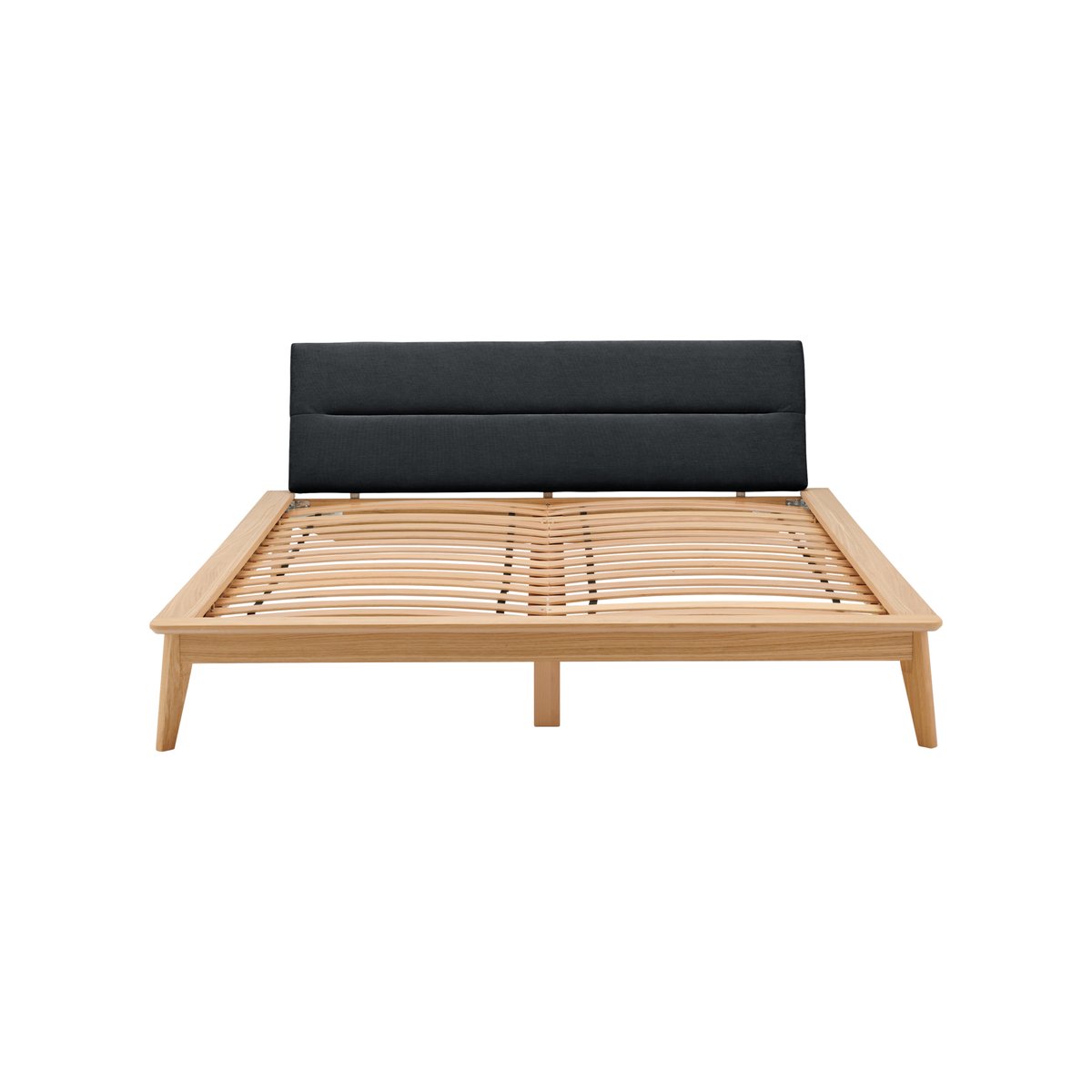 Lit bois avec tête de lit tissu Atia gris foncé, CAMIF