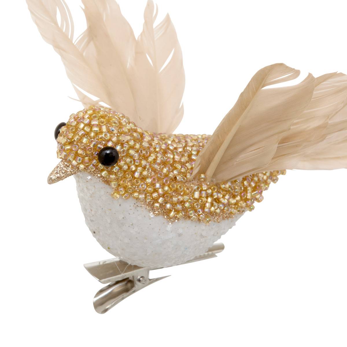 Suspension de sapin oiseau en plumes perlées dorées 22 cm beige, FEERIC LIGHTS & CHRISTMAS
