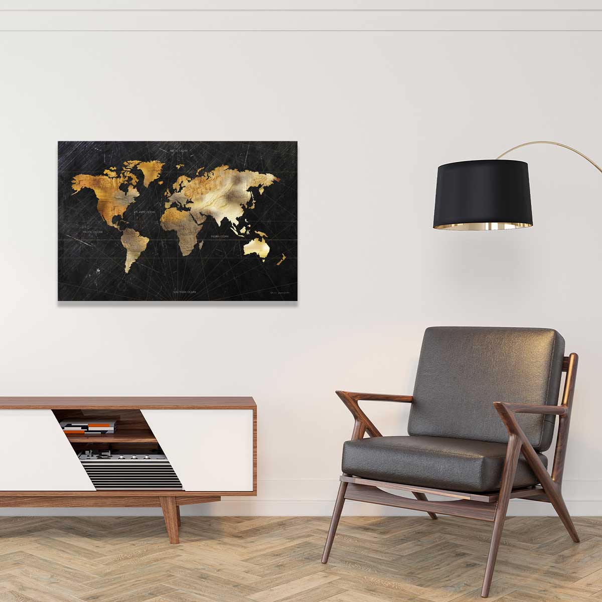 Tableau Carte du monde dorée tableau alu dibond, HEXOA
