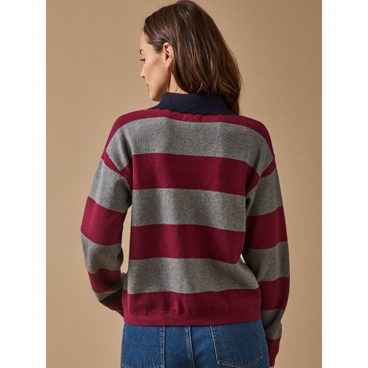 Pull polo coton biologique et cachemire rayure bordeaux, CYRILLUS
