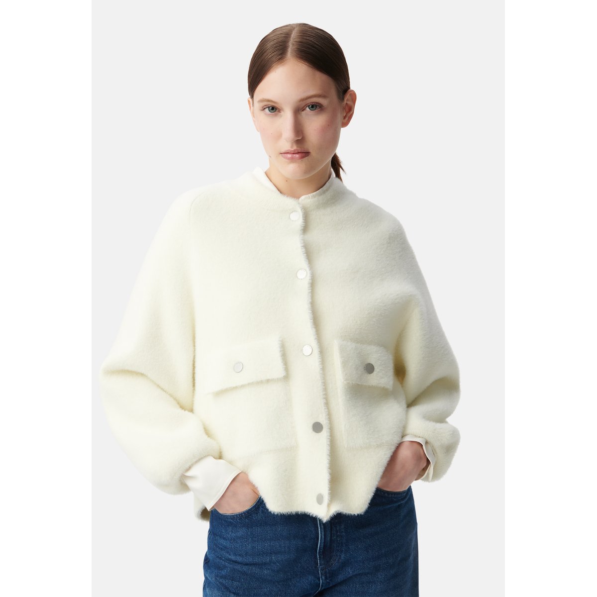 Cardigan tricot duveteux blanc cassé, IKKS