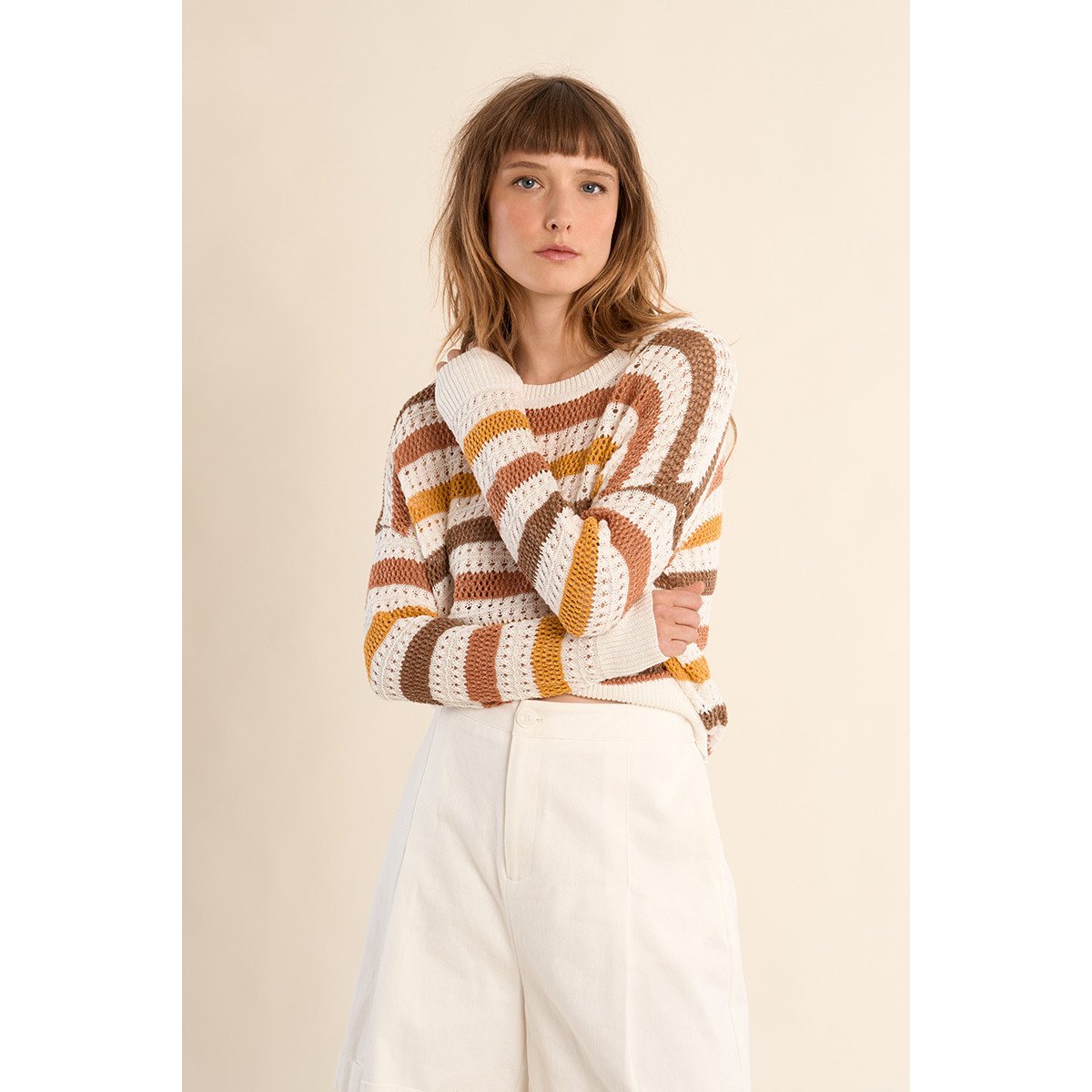 Pull en maille ajourée, rayé mango yellow, MOLLY BRACKEN