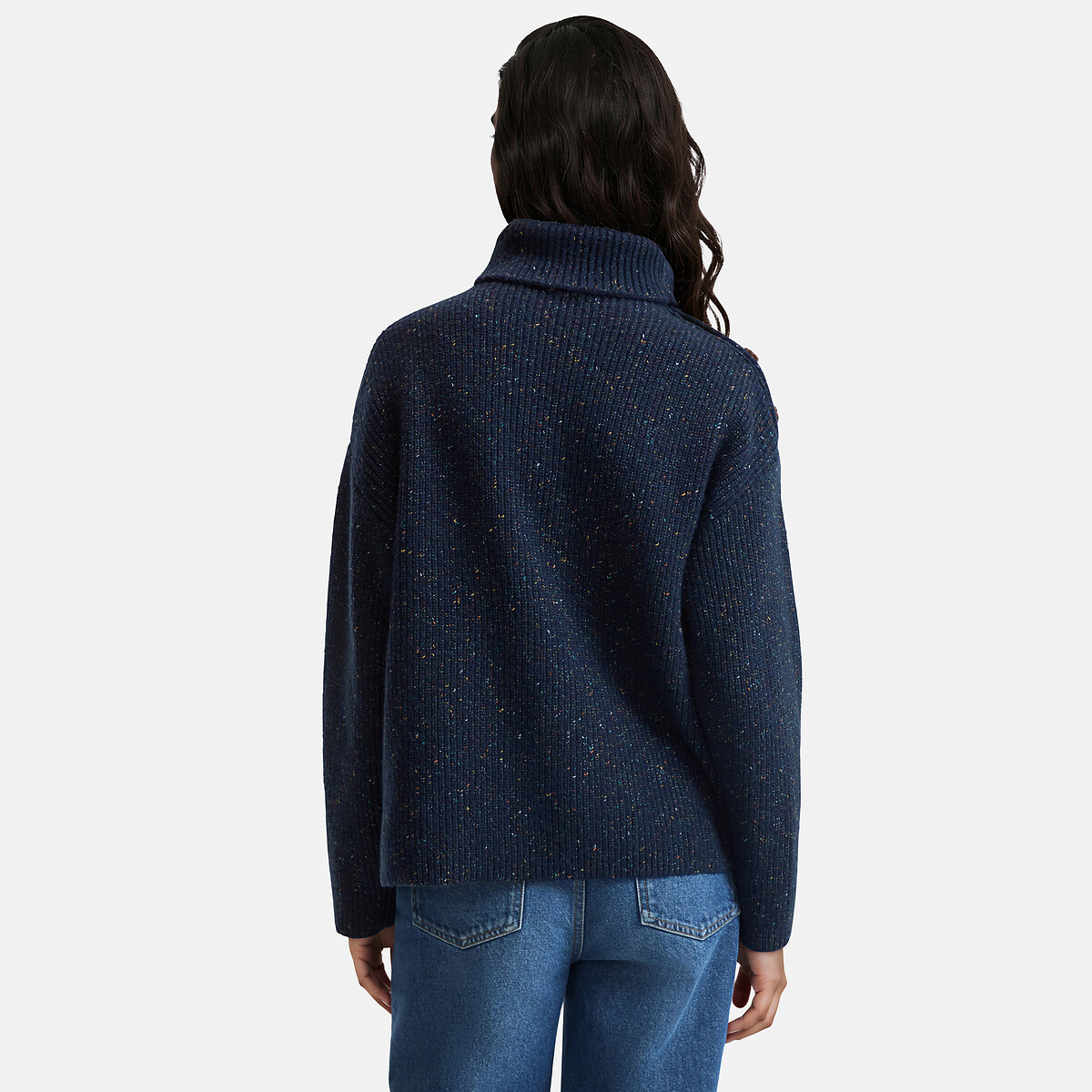 Jersey jaspeado con cuello alto y botones en los hombros azul marino, LA REDOUTE COLLECTIONS