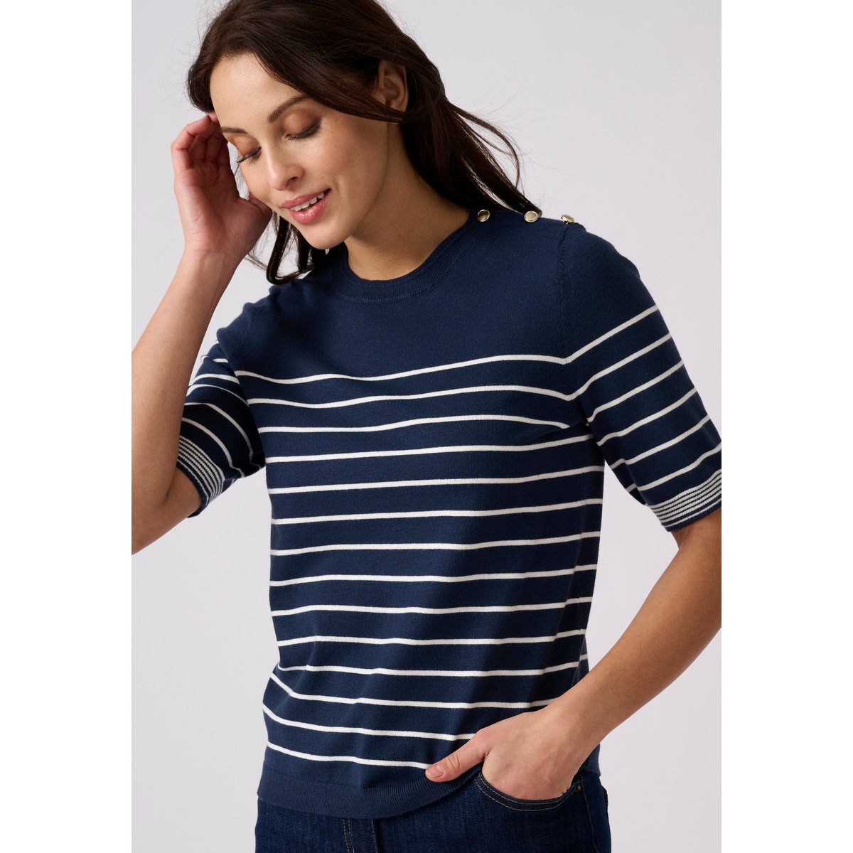 Pull rayé manches aux coudes bleu marine rayé, DAMART