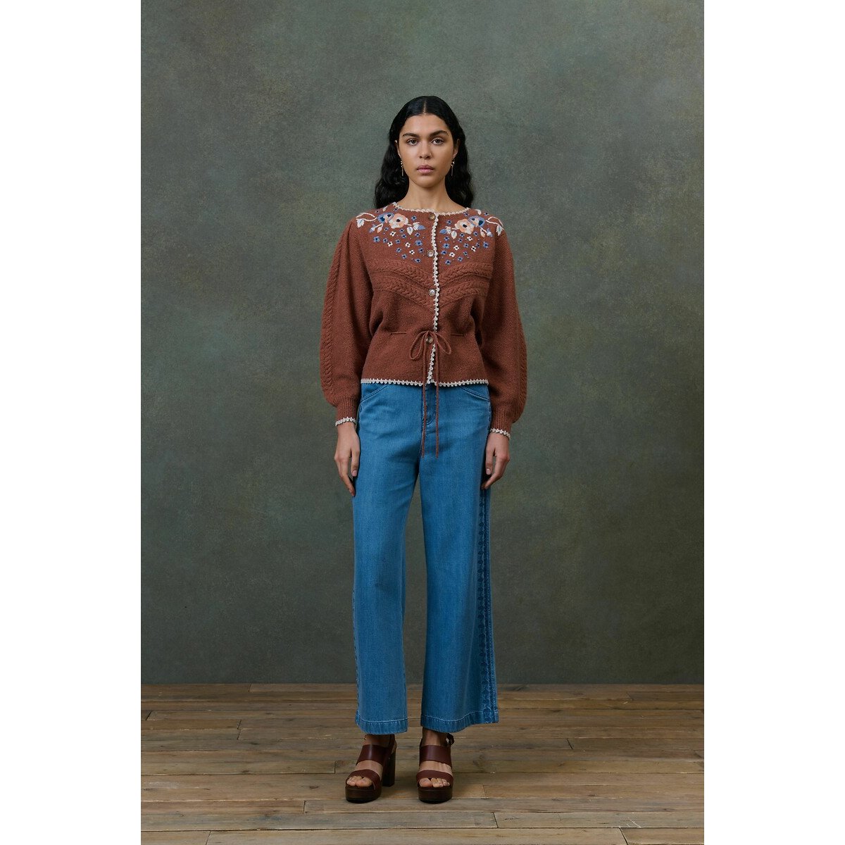 Sandya Embroidered Drawstring Cardigan chestnut, LOUISE MISHA