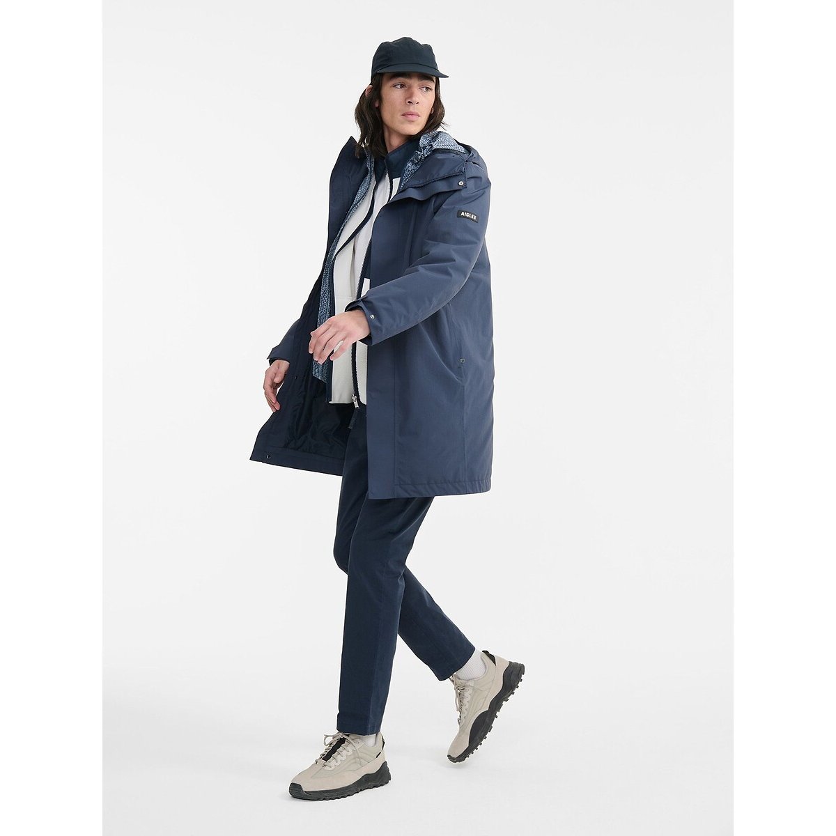 Parka longue MTD® 2 couches avec capuche bleu marine, AIGLE