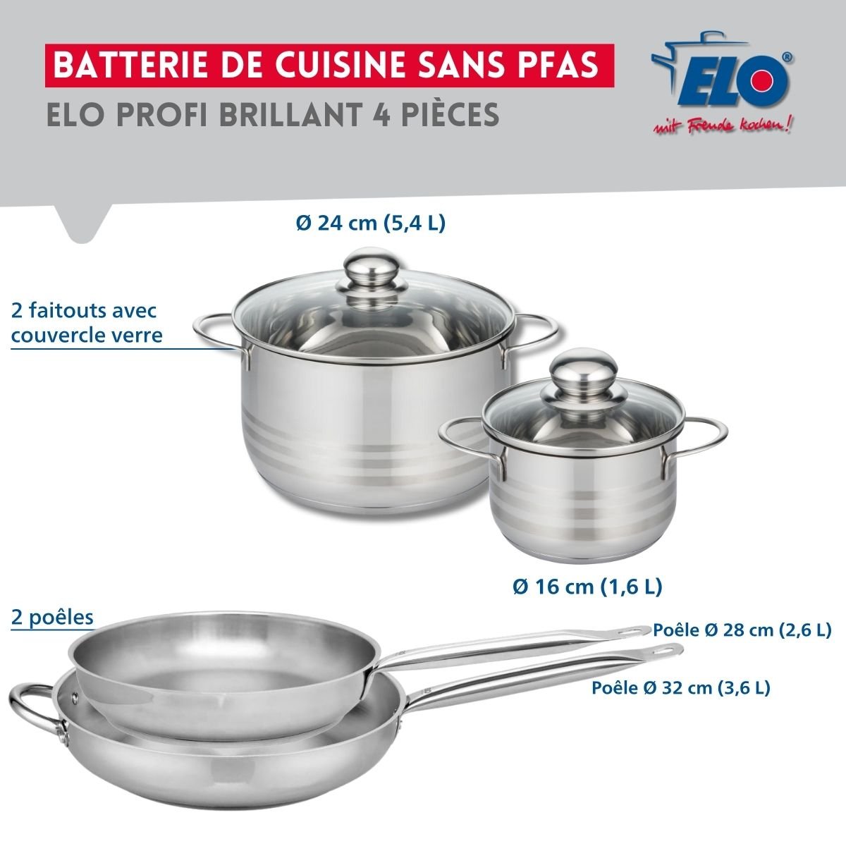 Batterie 2 poêles 28/32cm + 2 faitouts 16/24cm PROFI BRILLANT inox, ELO