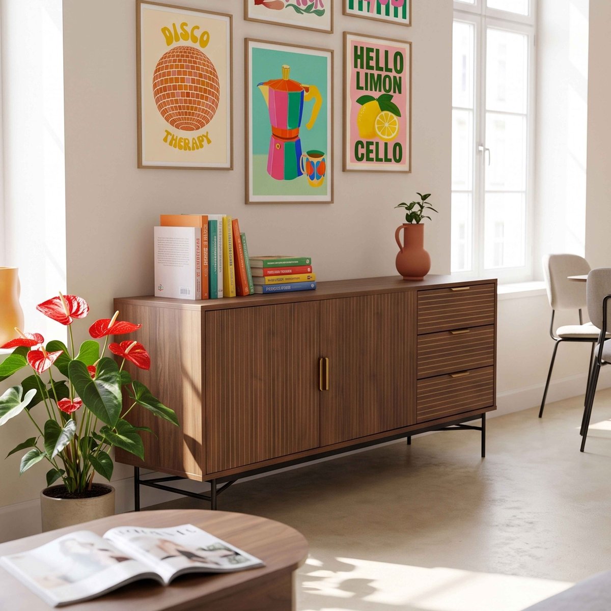 Buffet 2 portes et 3 tiroirs en mélaminé et acier 160 cm, GABIN marron, OVIALA