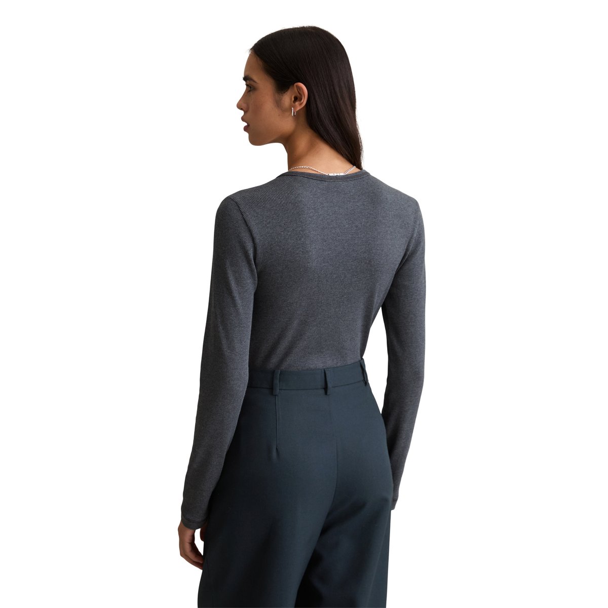 T-shirt long avec patte de boutonnage slim en jersey côtelé gris, MARC O’POLO DENIM