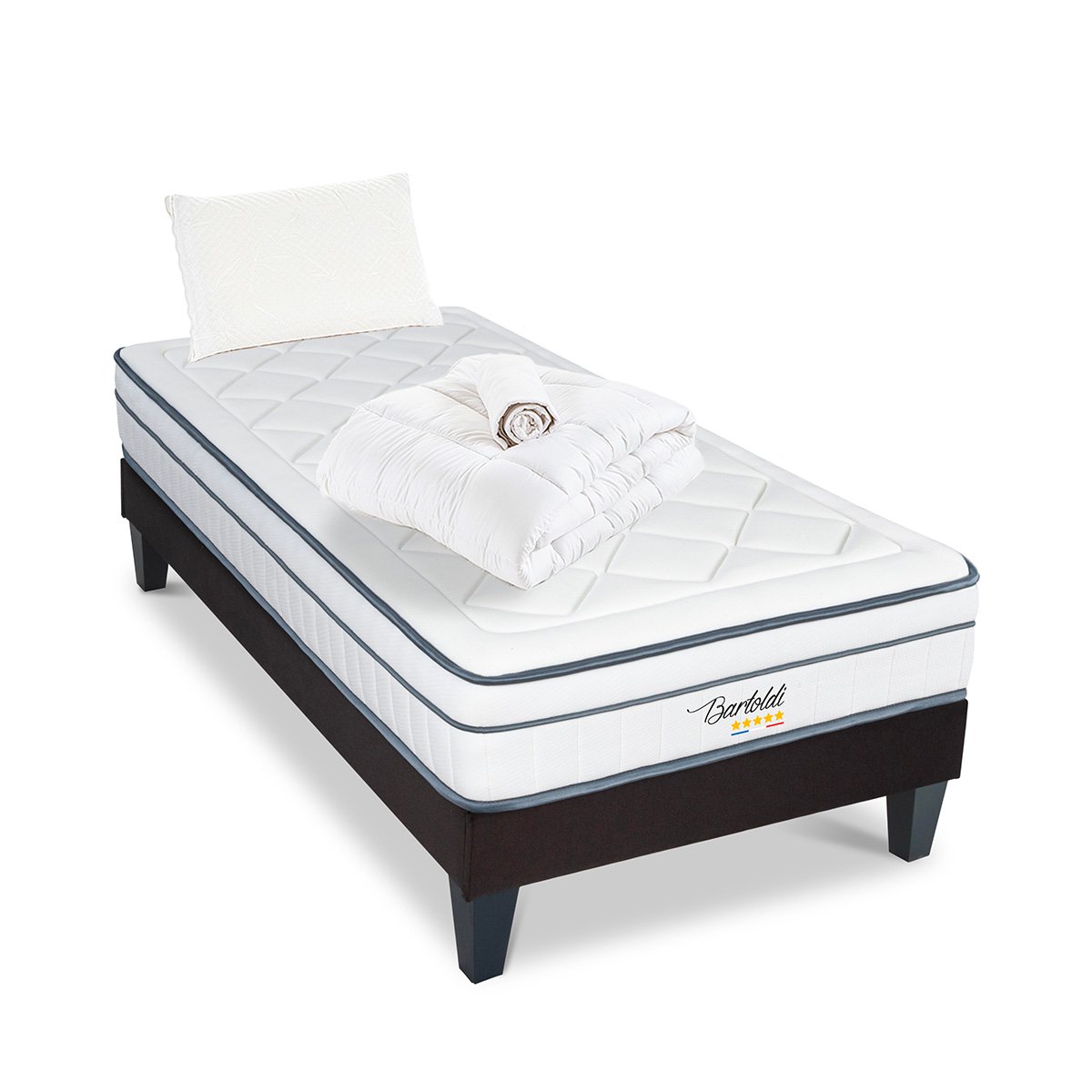 Pack Bartoldi 90x190 cm Matelas Ressorts + Sommier Bois + Accessoires blanc, BELLECOUR