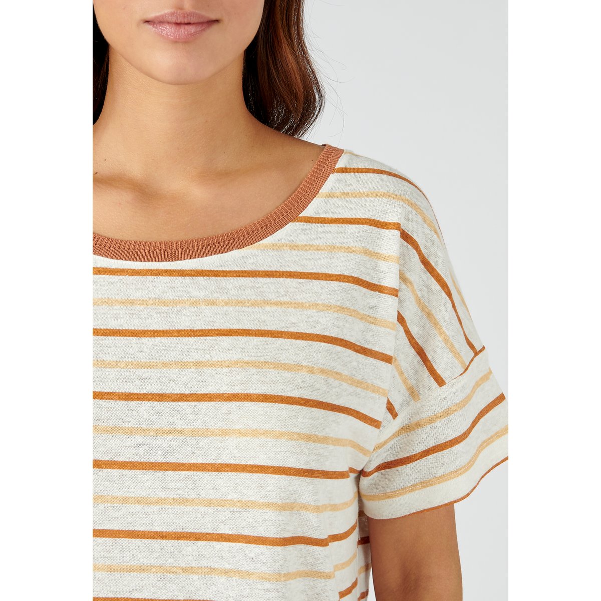 Tee-shirt à rayures en lin majoritaire marron beige rayé, DAMART
