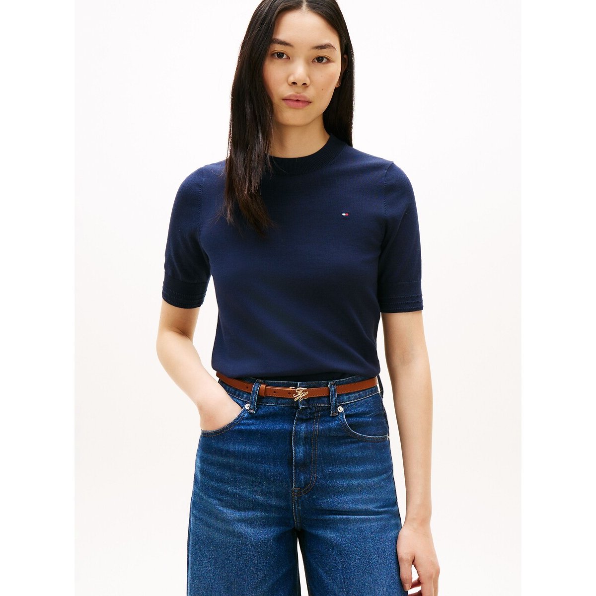 Pull rayé à manches courtes col rond marine, TOMMY HILFIGER