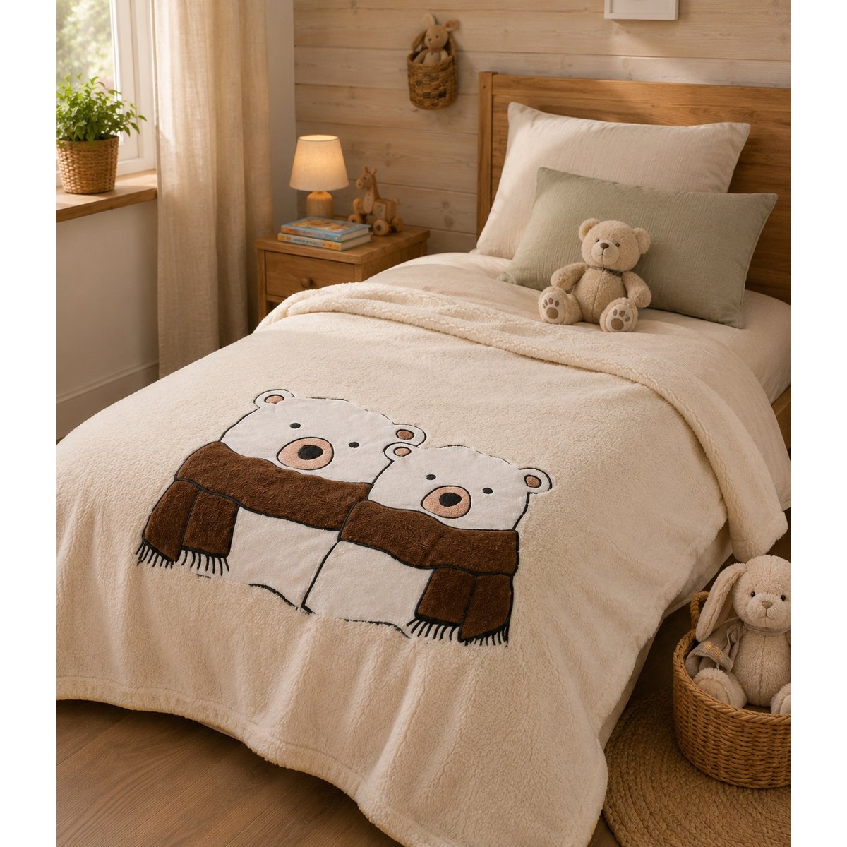 Plaid a poils doux Couple Ours beige, EDEN