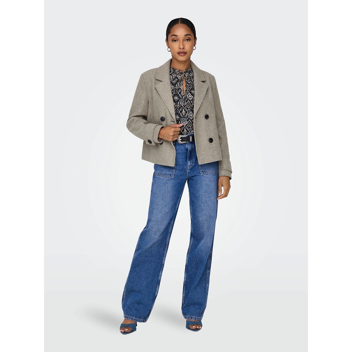 Manteau court col tailleur, boutonné beige, ONLY