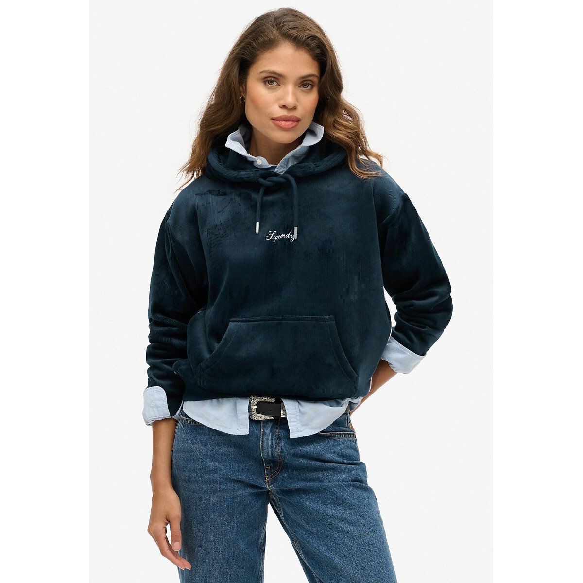 Sweat à capuche ample en velours Country Club bleu marine, SUPERDRY